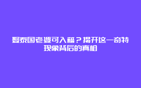 娶泰国老婆可入籍？揭开这一奇特现象背后的真相